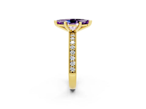Yellow gold Marquise Cut Amethyst Milgrain Pavé Engagement Ring with Four-Prong Setting_2