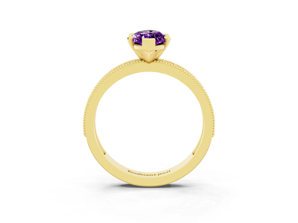Yellow gold Marquise Cut Amethyst Milgrain Pavé Engagement Ring with Four-Prong Setting