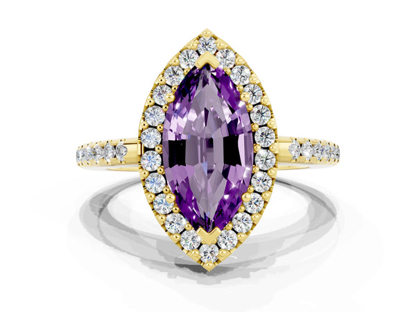 Yellow gold Marquise Cut Amethyst Pavé Halo Ring with Four-Prong Setting