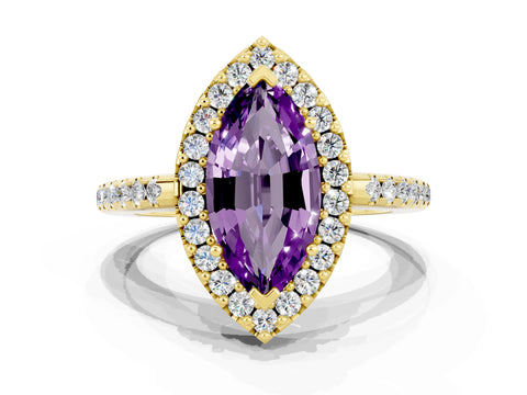 Yellow gold Marquise Cut Amethyst Pavé Halo Ring with Four-Prong Setting_12