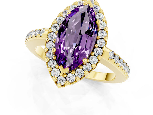 Yellow gold Marquise Cut Amethyst Pavé Halo Ring with Four-Prong Setting