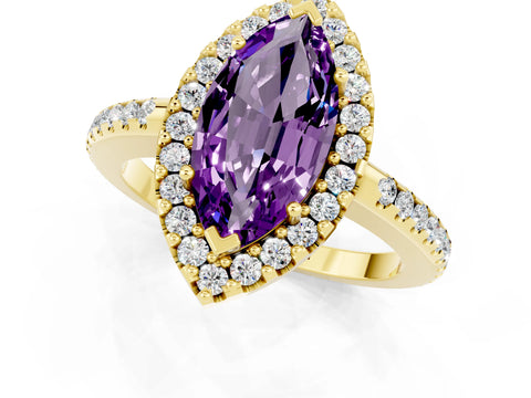 Yellow gold Marquise Cut Amethyst Pavé Halo Ring with Four-Prong Setting_13