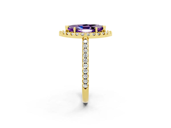 Yellow gold Marquise Cut Amethyst Pavé Halo Ring with Four-Prong Setting