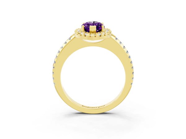 Yellow gold Marquise Cut Amethyst Pavé Halo Ring with Four-Prong Setting