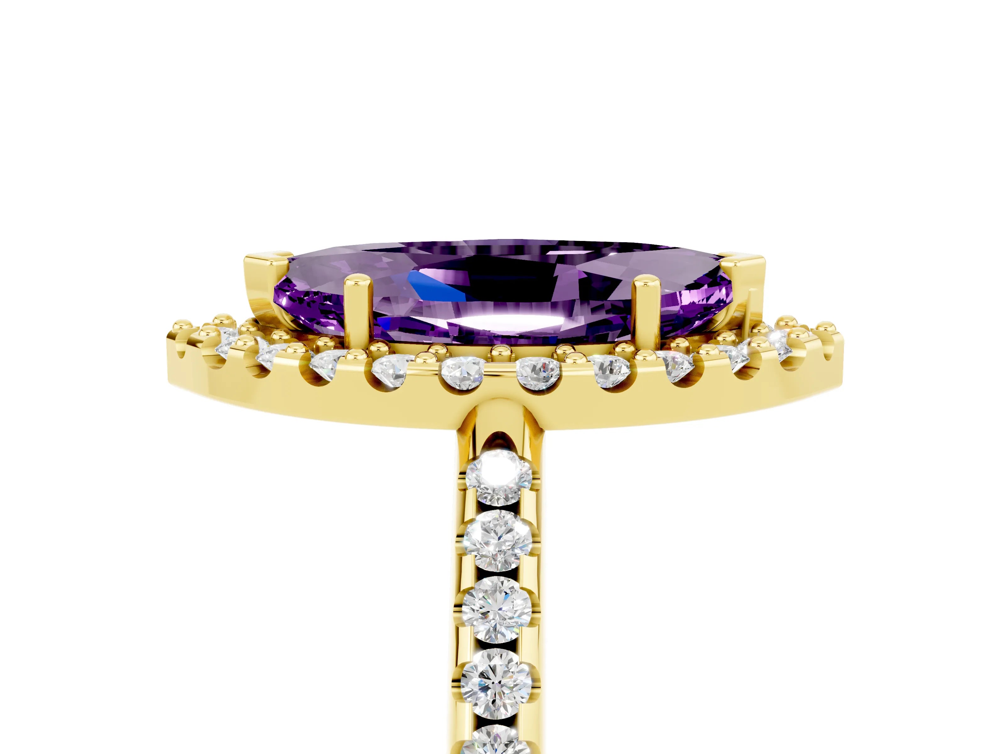 Yellow gold Marquise Cut Amethyst Pavé Halo Ring with Four-Prong Setting_17