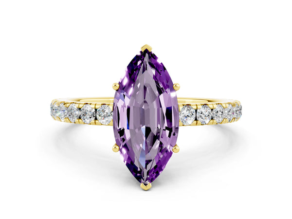 Yellow gold Marquise Cut Amethyst Pavé Solitaire Engagement Ring with Four-Prong Setting