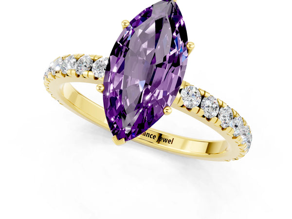Yellow gold Marquise Cut Amethyst Pavé Solitaire Engagement Ring with Four-Prong Setting