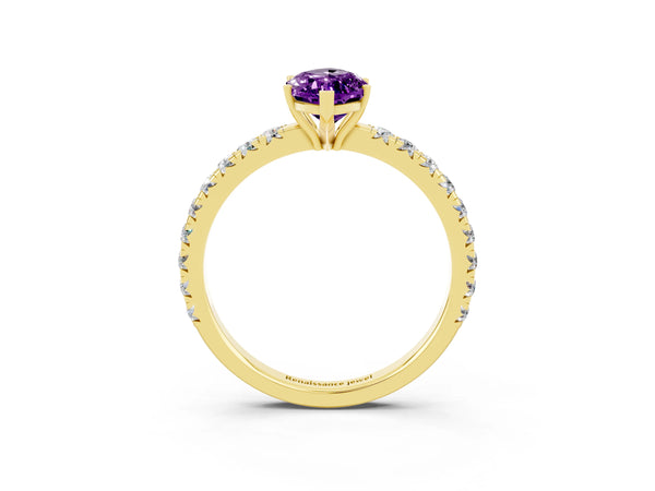 Yellow gold Marquise Cut Amethyst Pavé Solitaire Engagement Ring with Four-Prong Setting