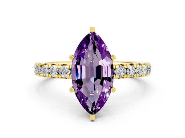 Yellow gold Marquise Cut Amethyst Pavé Solitaire Ring with Round Band and Prong Setting