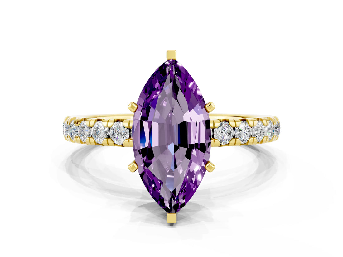 Yellow gold Marquise Cut Amethyst Pavé Solitaire Ring with Round Band and Prong Setting_24