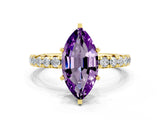 Yellow gold Marquise Cut Amethyst Pavé Solitaire Ring with Round Band and Prong Setting_24
