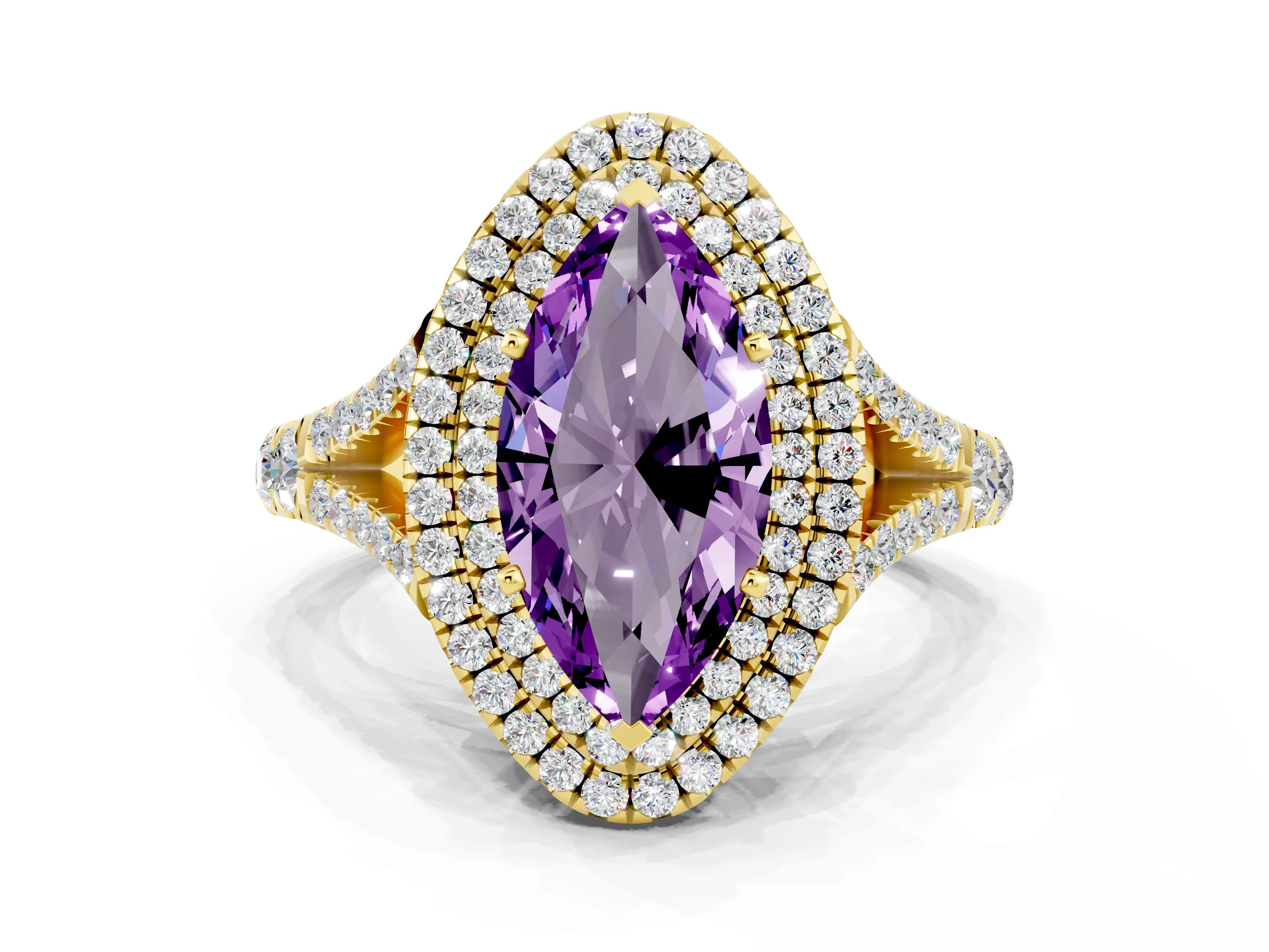 Yellow gold Marquise Cut Amethyst Pavé Split Shank Double Halo Engagement Ring