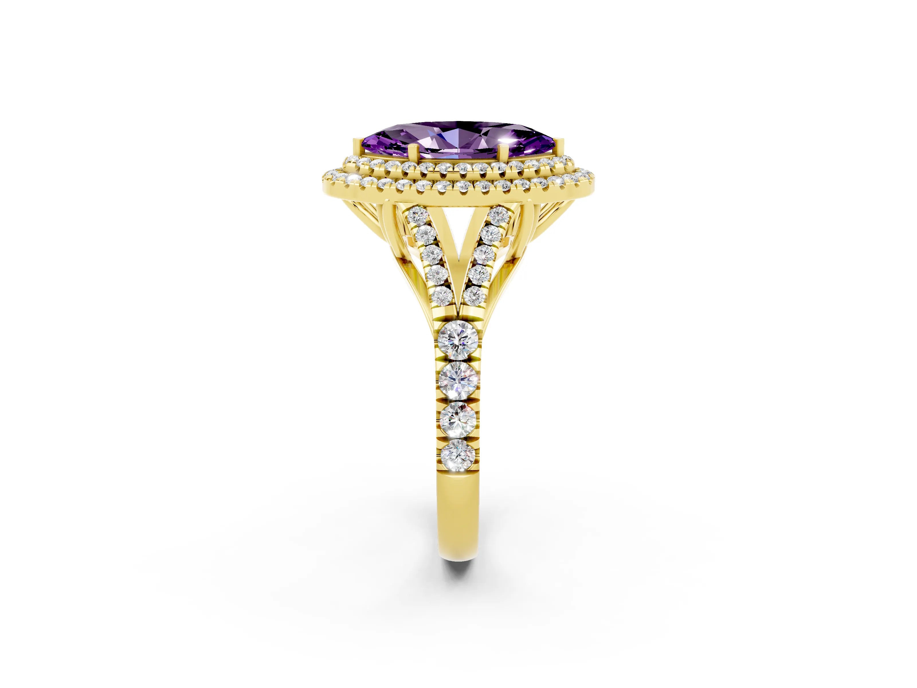 Yellow gold Marquise Cut Amethyst Pavé Split Shank Double Halo Engagement Ring_2