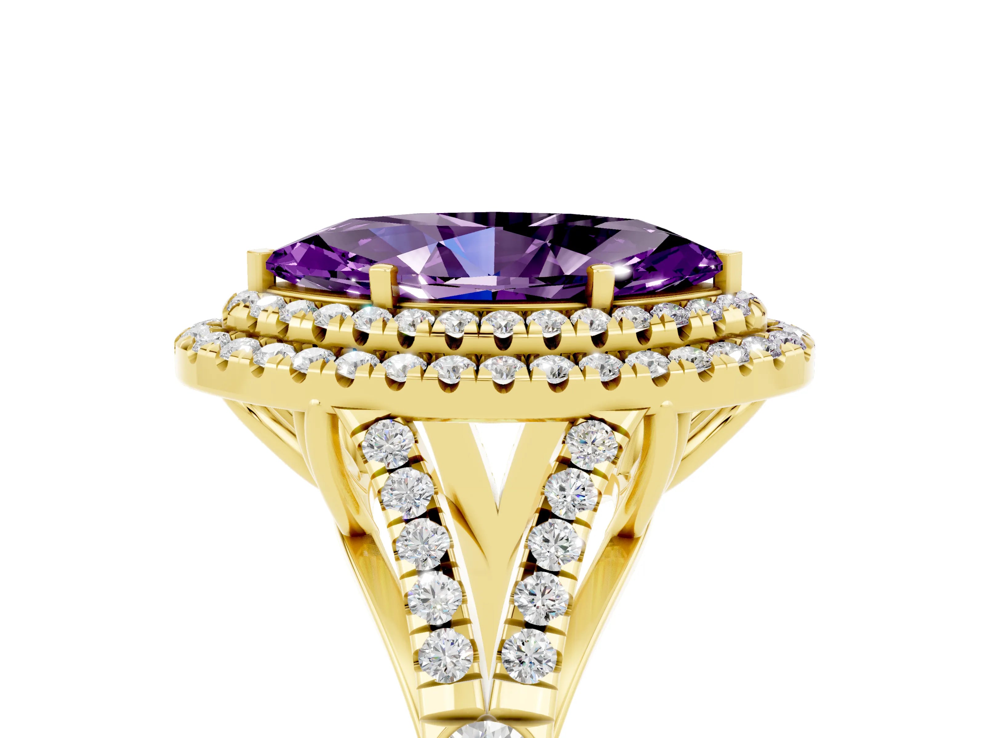 Yellow gold Marquise Cut Amethyst Pavé Split Shank Double Halo Engagement Ring_5