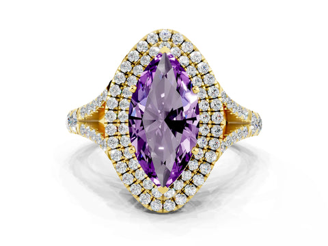 Yellow gold Marquise Cut Amethyst Pavé Split Shank Double Halo Engagement Ring