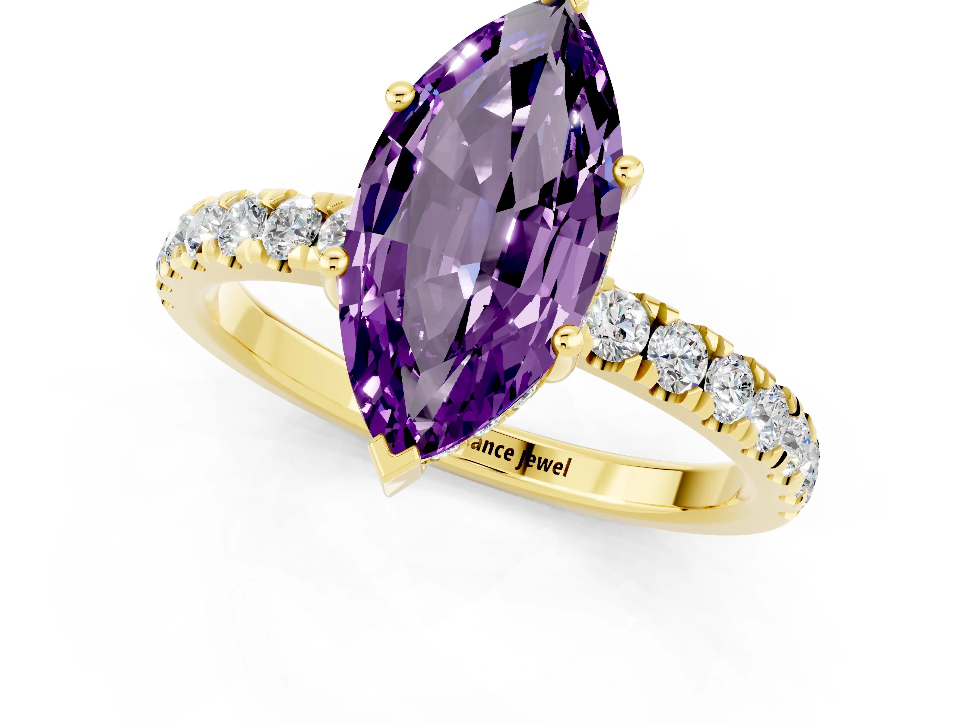 Yellow gold Marquise Cut Amethyst Pave Band Solitaire Ring with Four-Prong Setting_13