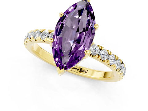 Yellow gold Marquise Cut Amethyst Pave Band Solitaire Ring with Four-Prong Setting_13