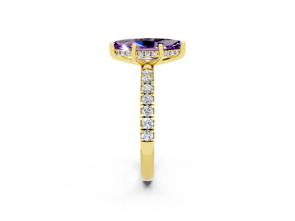 Yellow gold Marquise Cut Amethyst Pave Band Solitaire Ring with Round  and Prong Setting
