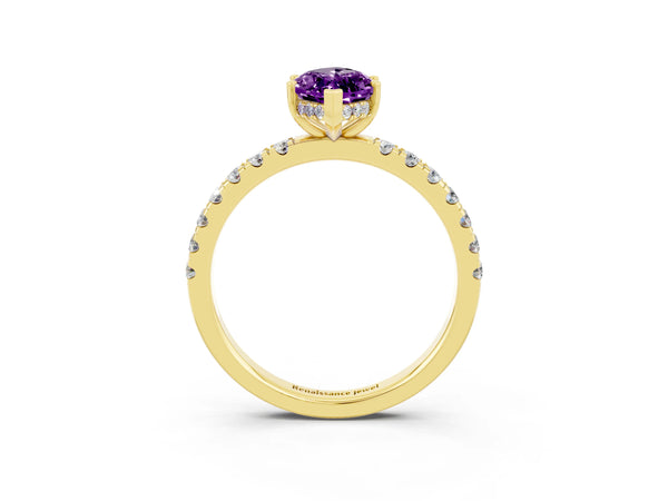 Yellow gold Marquise Cut Amethyst Pave Band Solitaire Ring with Round  and Prong Setting
