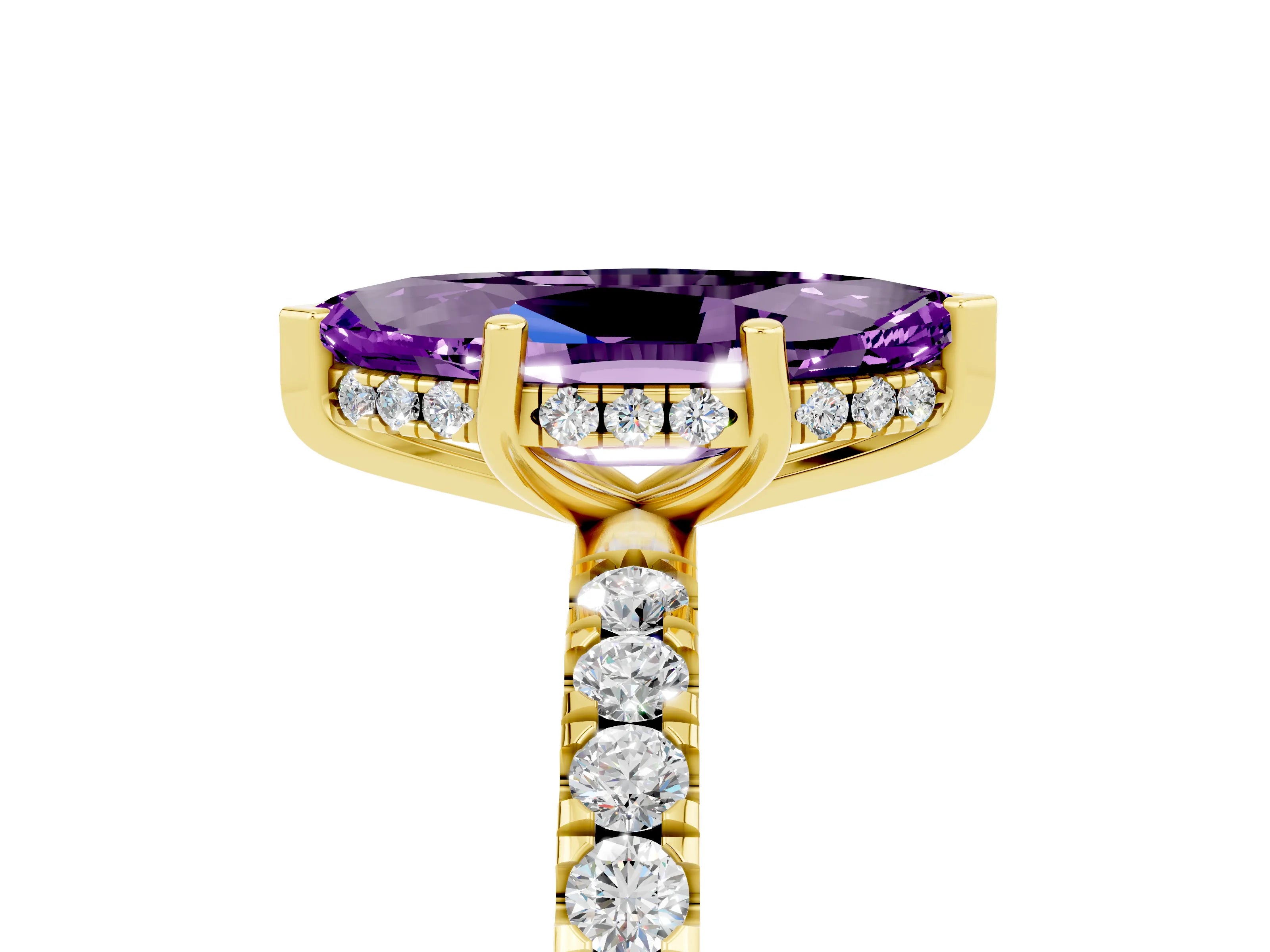 Yellow gold Marquise Cut Amethyst Pave Band Solitaire Ring with Four-Prong Setting_17
