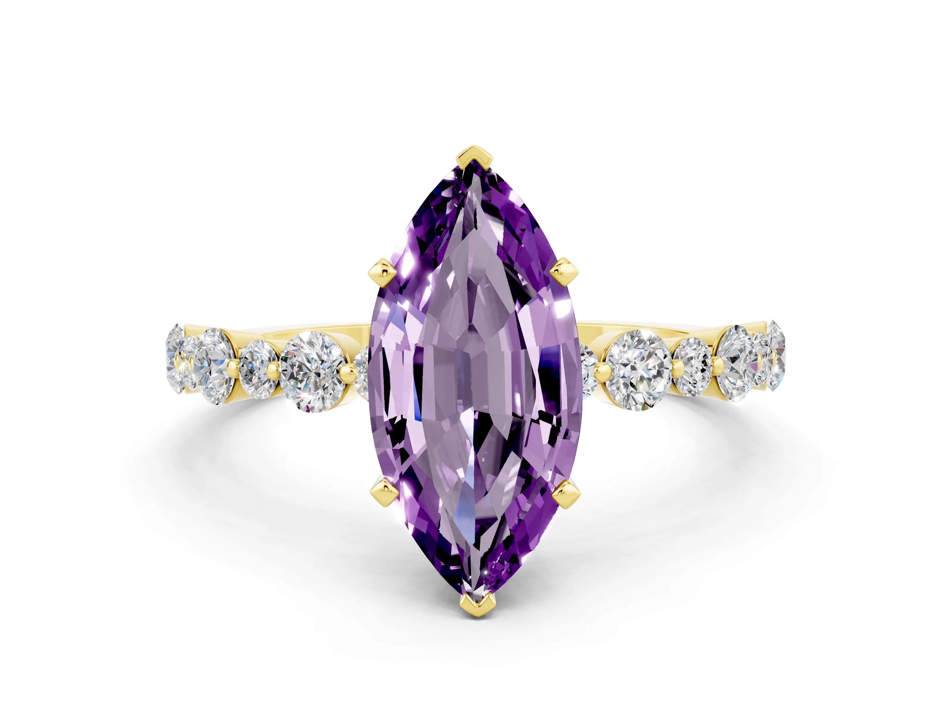 Yellow gold Marquise Cut Amethyst Prong Set Engagement Ring with Pavé Band
