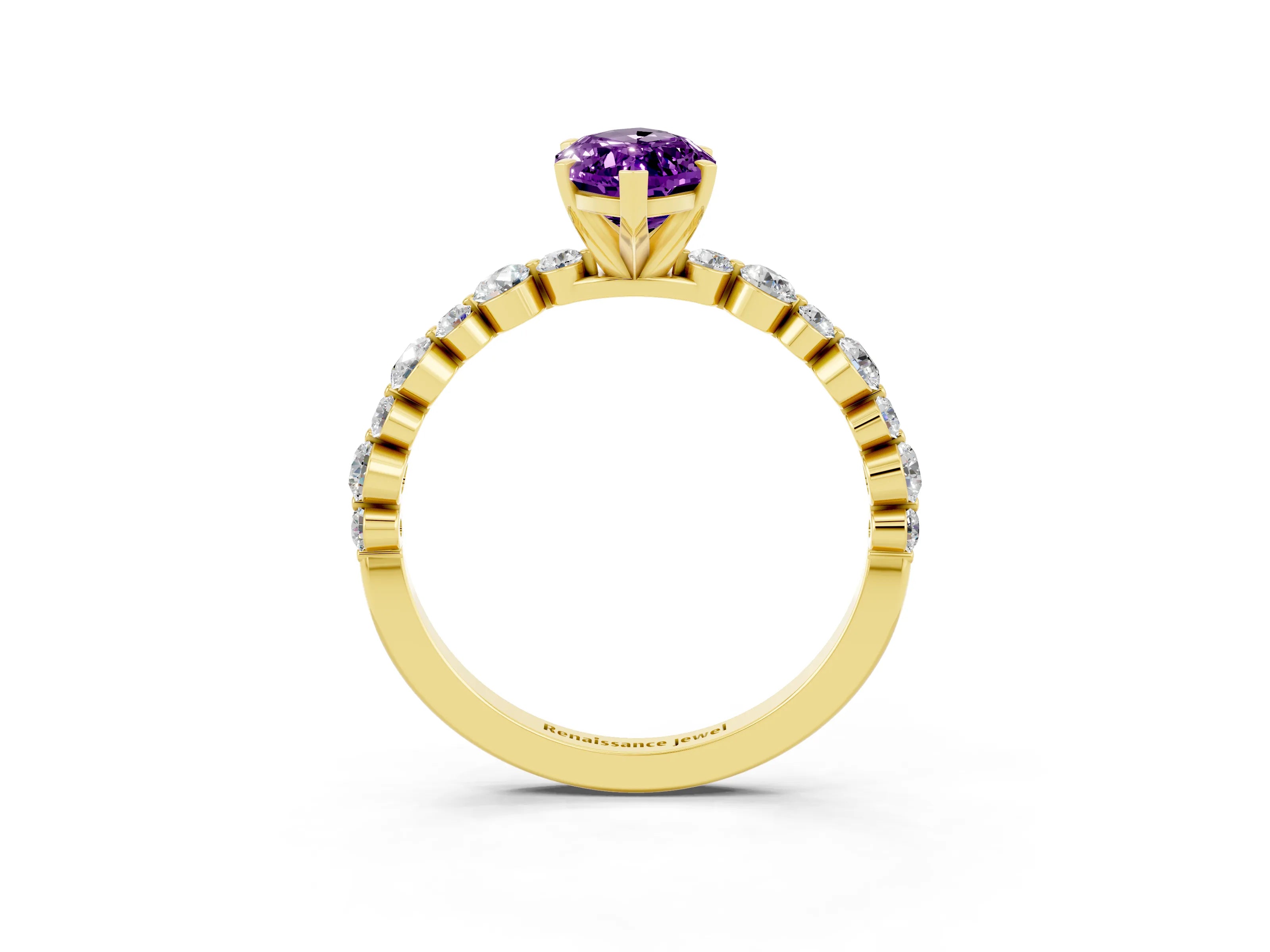 Yellow gold Marquise Cut Amethyst Prong Set Engagement Ring with Pavé Band_3