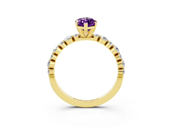 Yellow gold Marquise Cut Amethyst Prong Set Engagement Ring with Pavé Band