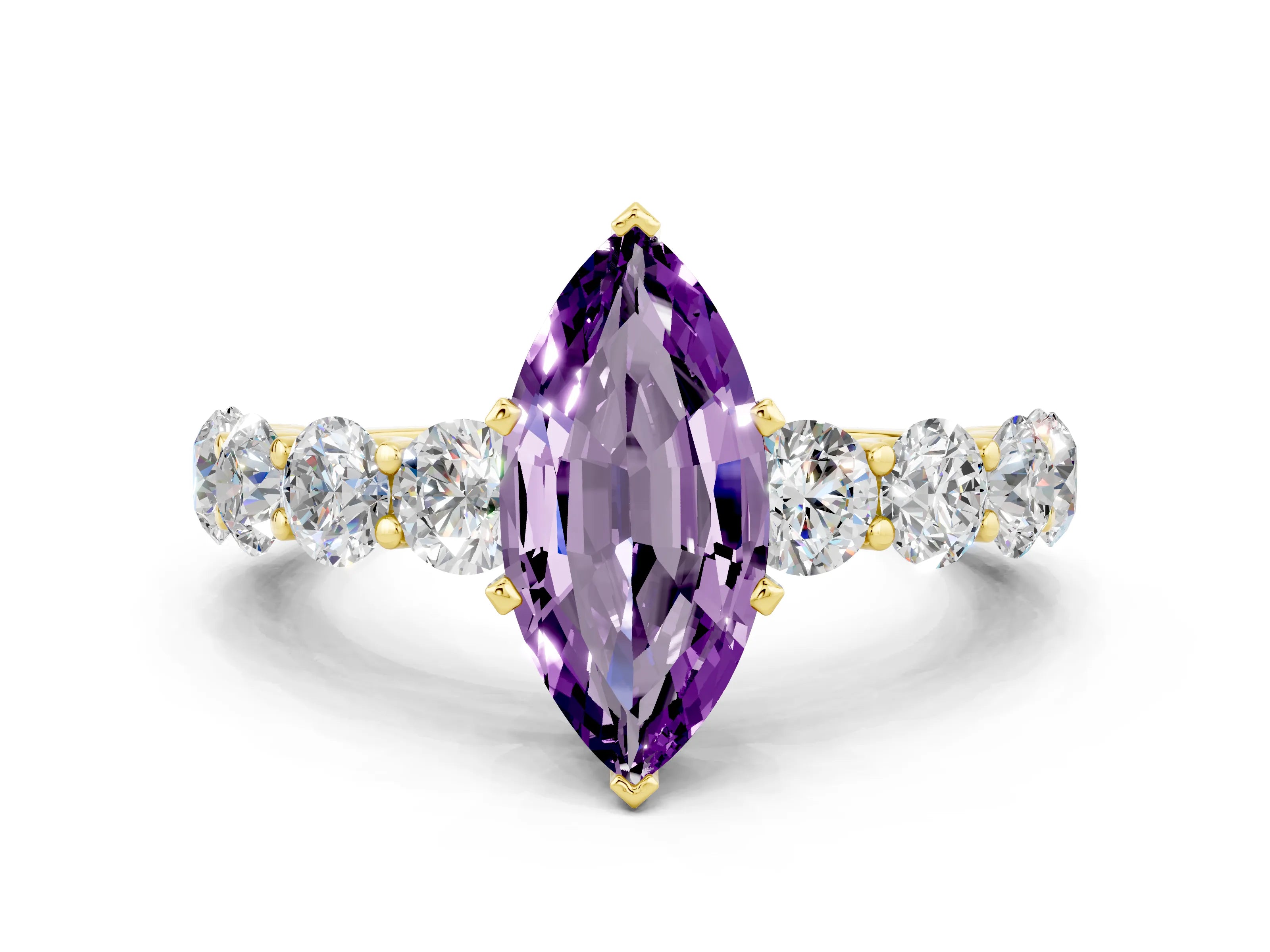 Yellow gold Marquise Cut Amethyst Prong Setting with Side Stones on a Pave Band