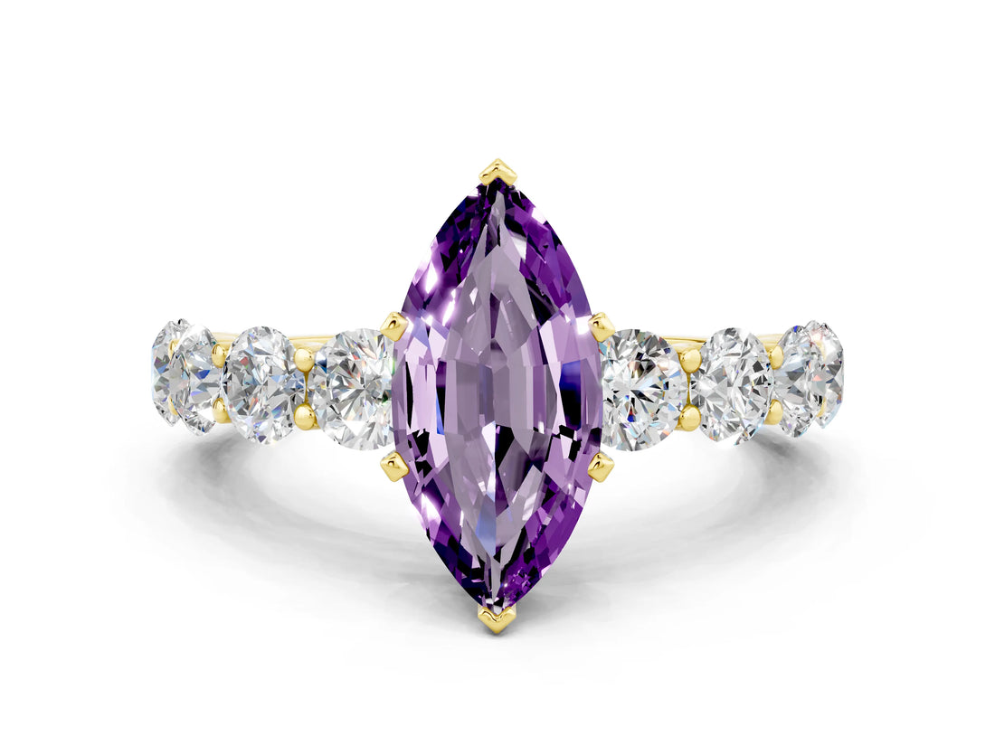 Yellow gold Marquise Cut Amethyst Prong Setting with Side Stones on a Pave Band