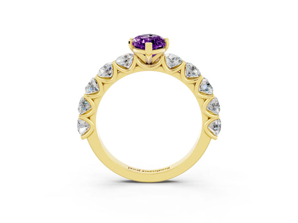 Yellow gold Marquise Cut Amethyst Prong Setting with Side Stones on a Pave Band