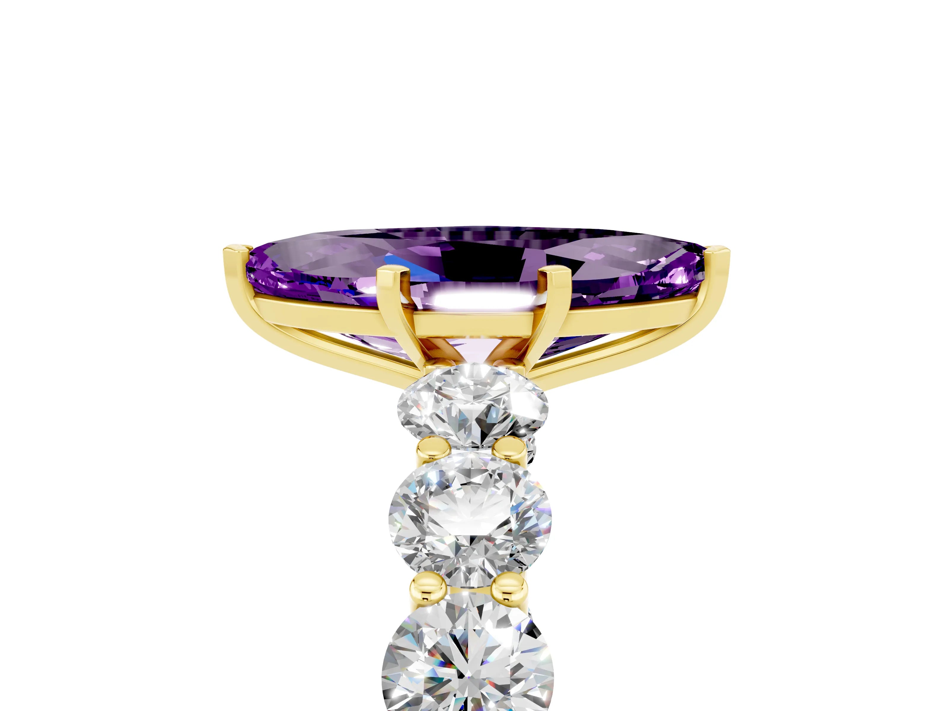 Yellow gold Marquise Cut Amethyst Prong Setting with Side Stones on a Pave Band_5