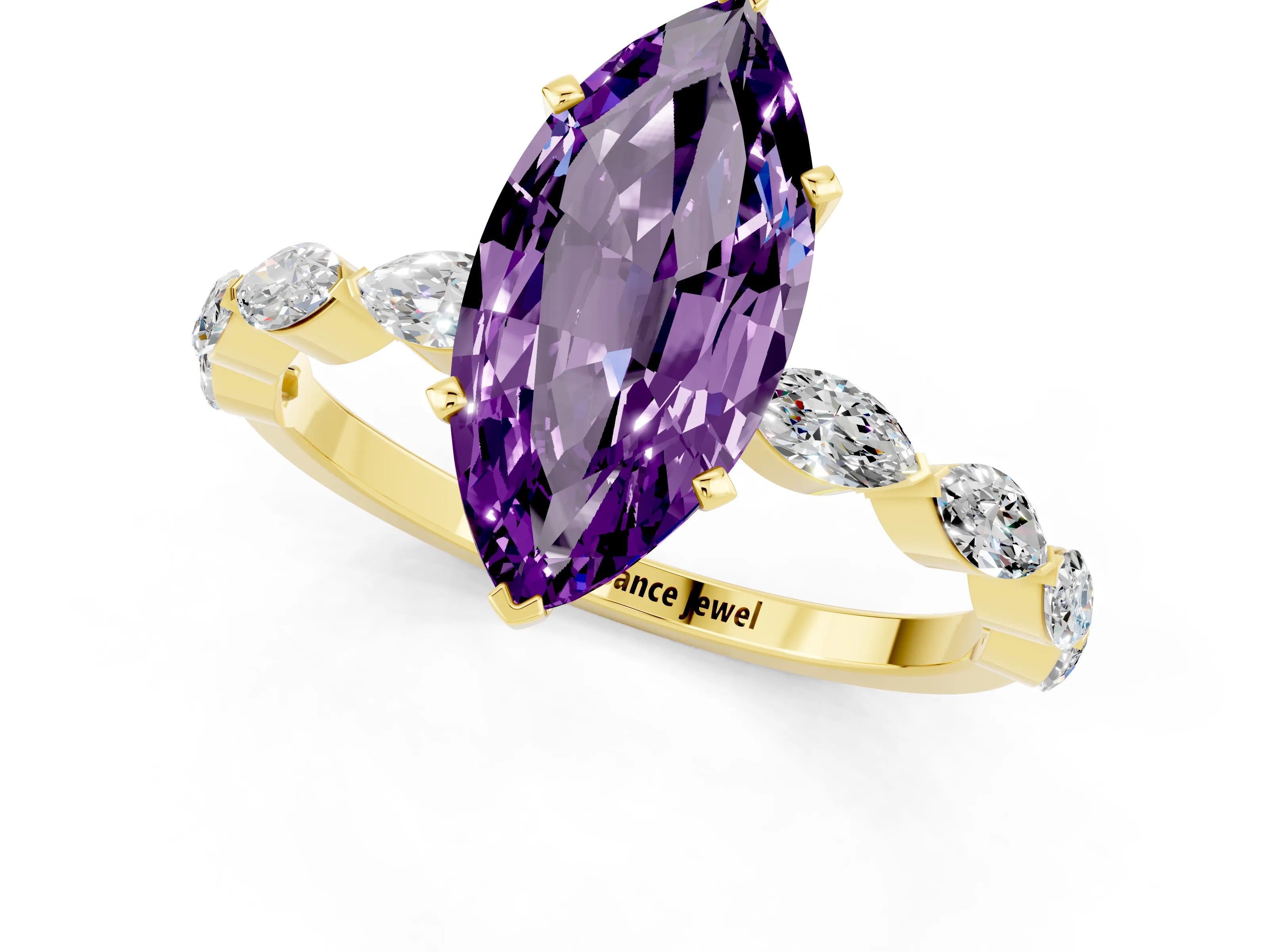 Yellow gold Marquise Cut Amethyst Ring with Marquise Side Stones and Prong Setting_1