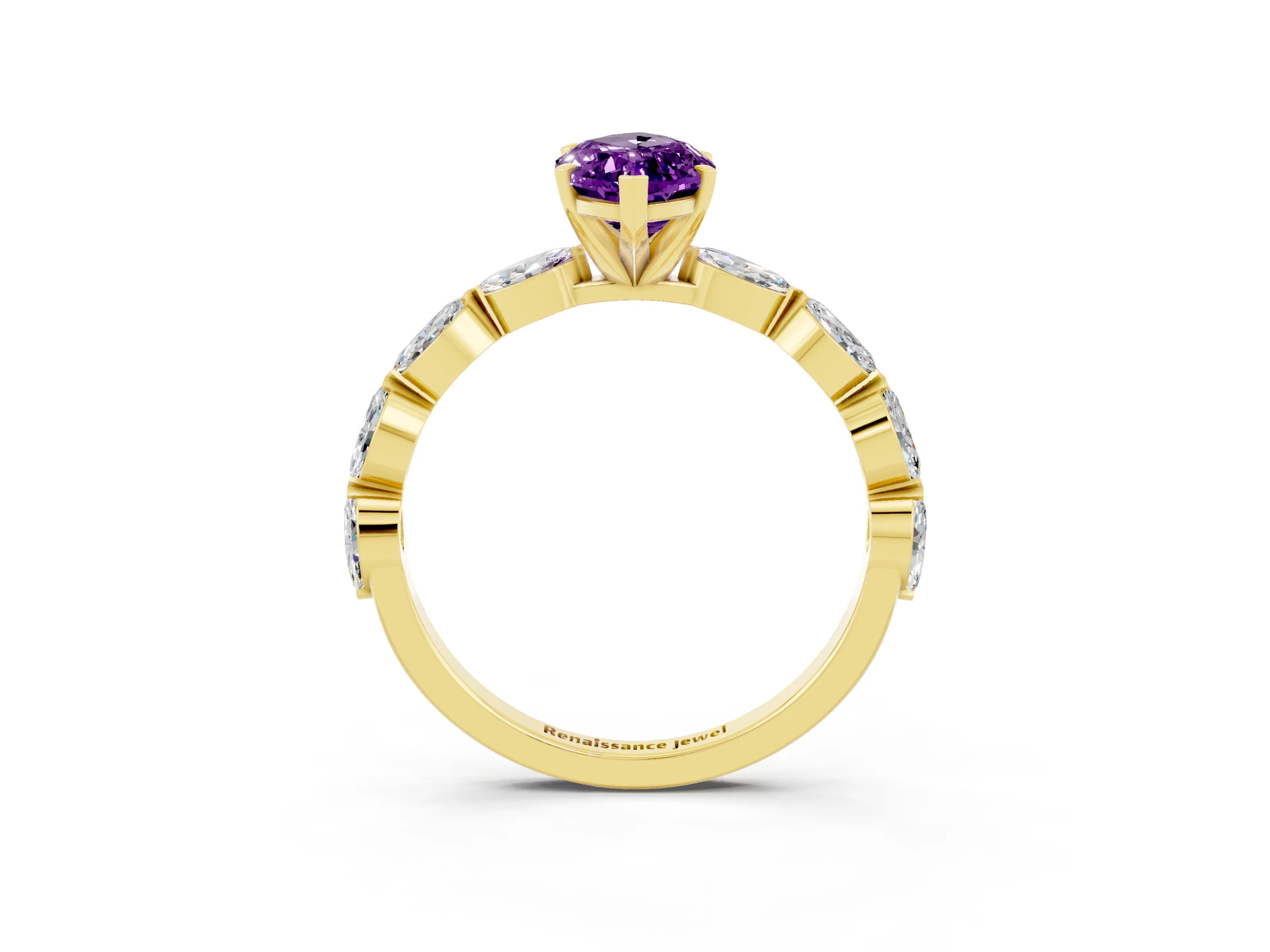 Yellow gold Marquise Cut Amethyst Ring with Marquise Side Stones and Prong Setting_3