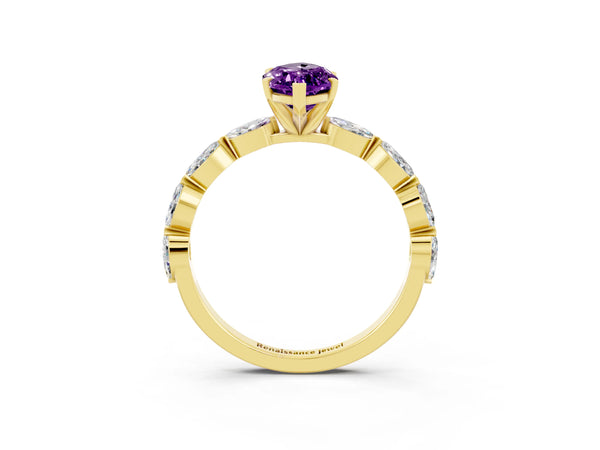 Yellow gold Marquise Cut Amethyst Ring with Marquise Side Stones and Prong Setting