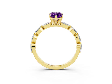 Yellow gold Marquise Cut Amethyst Ring with Marquise Side Stones and Prong Setting_3