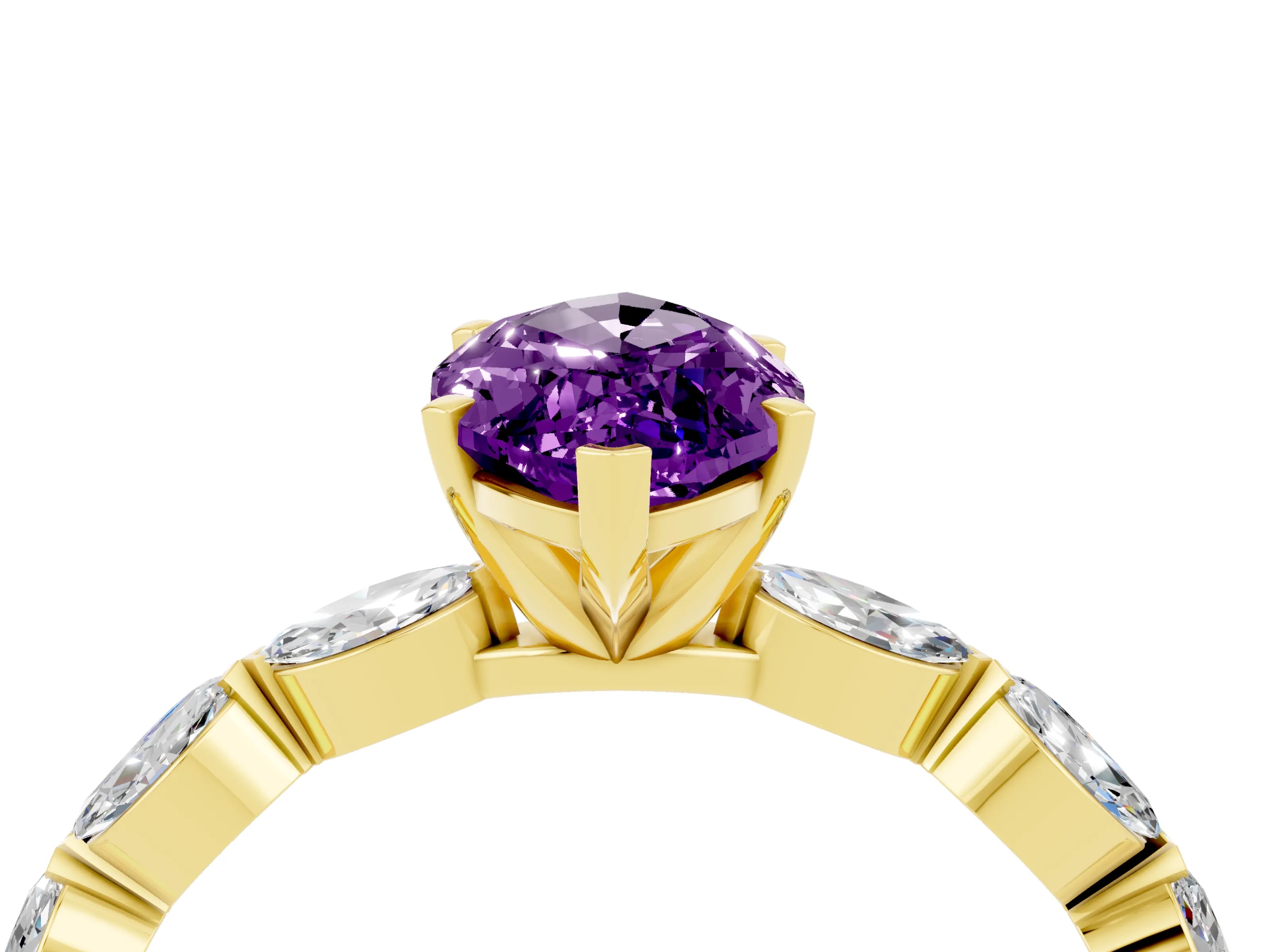 Yellow gold Marquise Cut Amethyst Ring with Marquise Side Stones and Prong Setting_4