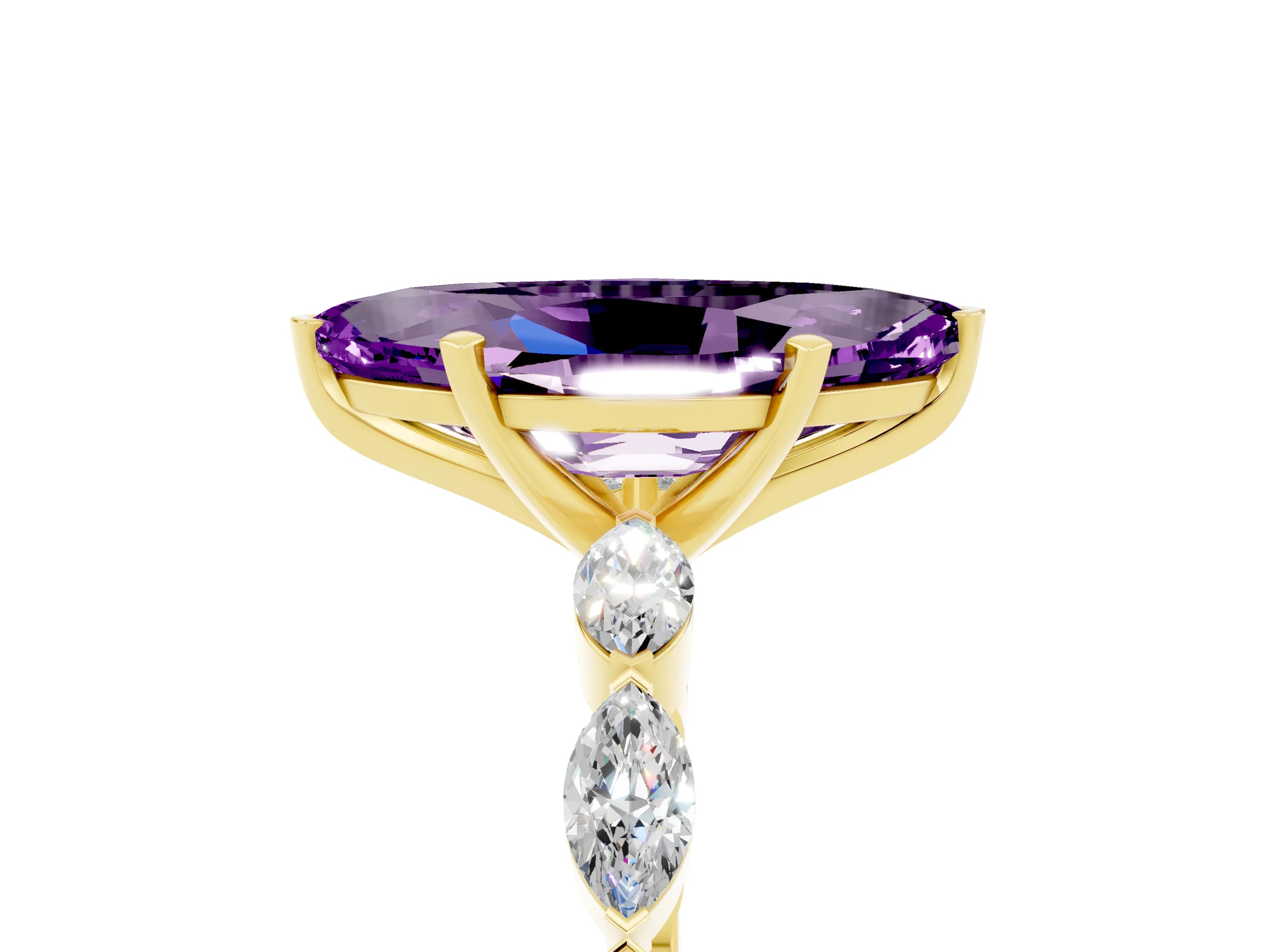 Yellow gold Marquise Cut Amethyst Ring with Marquise Side Stones and Prong Setting_5
