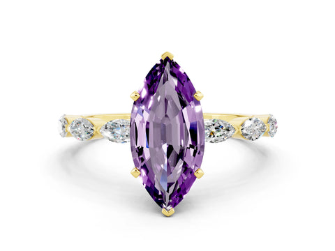 Yellow gold Marquise Cut Amethyst Ring with Marquise Side Stones and Prong Setting