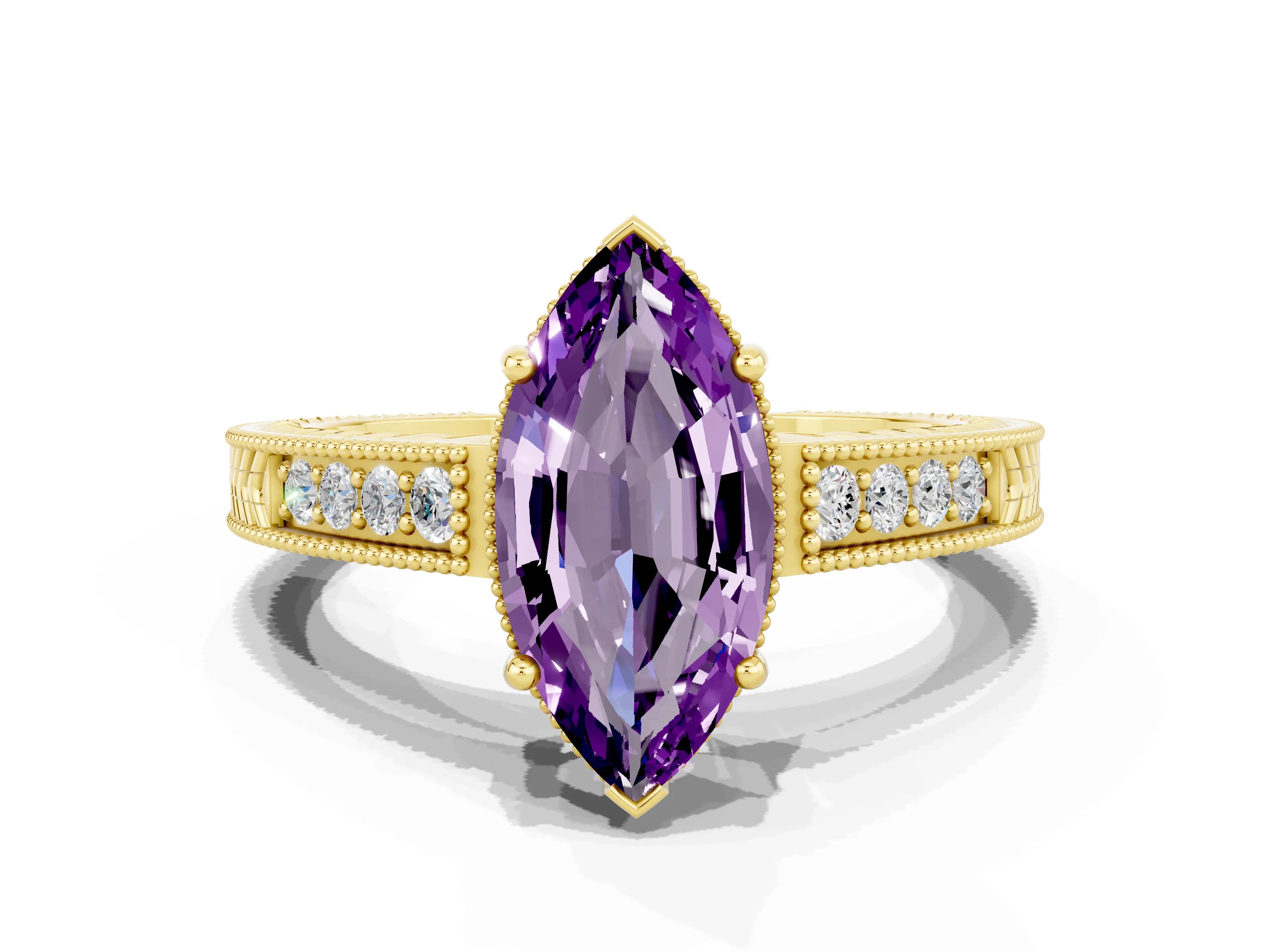 Yellow gold Marquise Cut Amethyst Ring with Milgrain Pavé Band and Four-Prong Setting_12