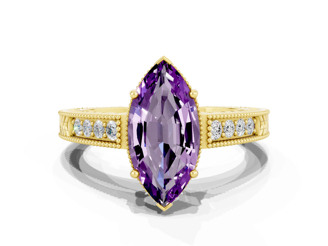Yellow gold Marquise Cut Amethyst Ring with Milgrain Pavé Band and Four-Prong Setting_12