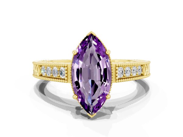 Yellow gold Marquise Cut Amethyst Ring with Milgrain Pavé Band and Four-Prong Setting