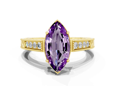 Yellow gold Marquise Cut Amethyst Ring with Milgrain Pavé Band and Four-Prong Setting_12