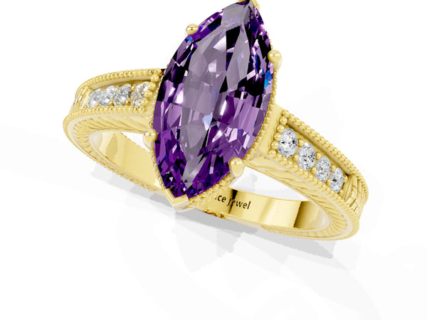 Yellow gold Marquise Cut Amethyst Ring with Milgrain Pavé Band and Four-Prong Setting