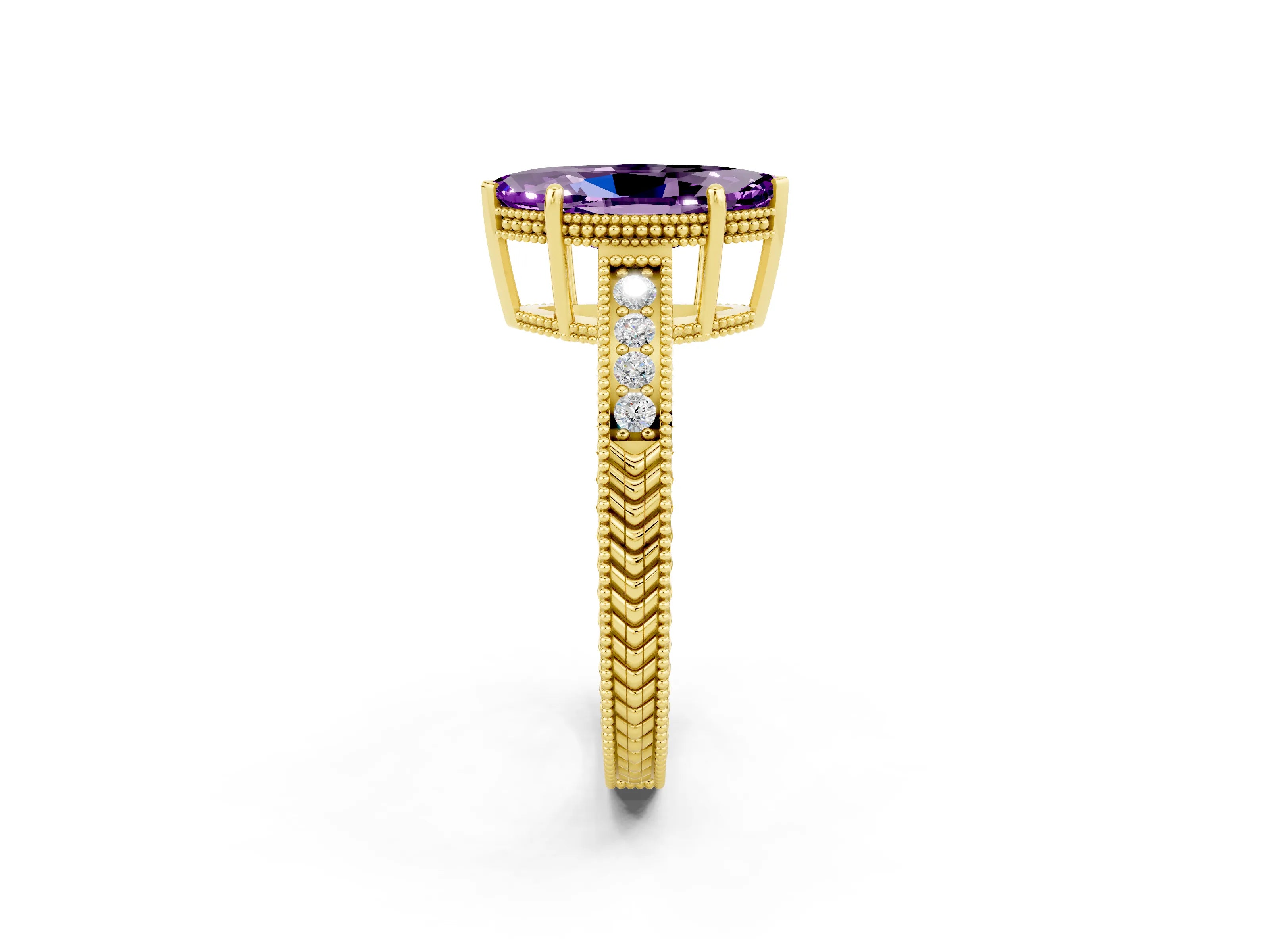 Yellow gold Marquise Cut Amethyst Ring with Milgrain Pavé Band and Four-Prong Setting_14