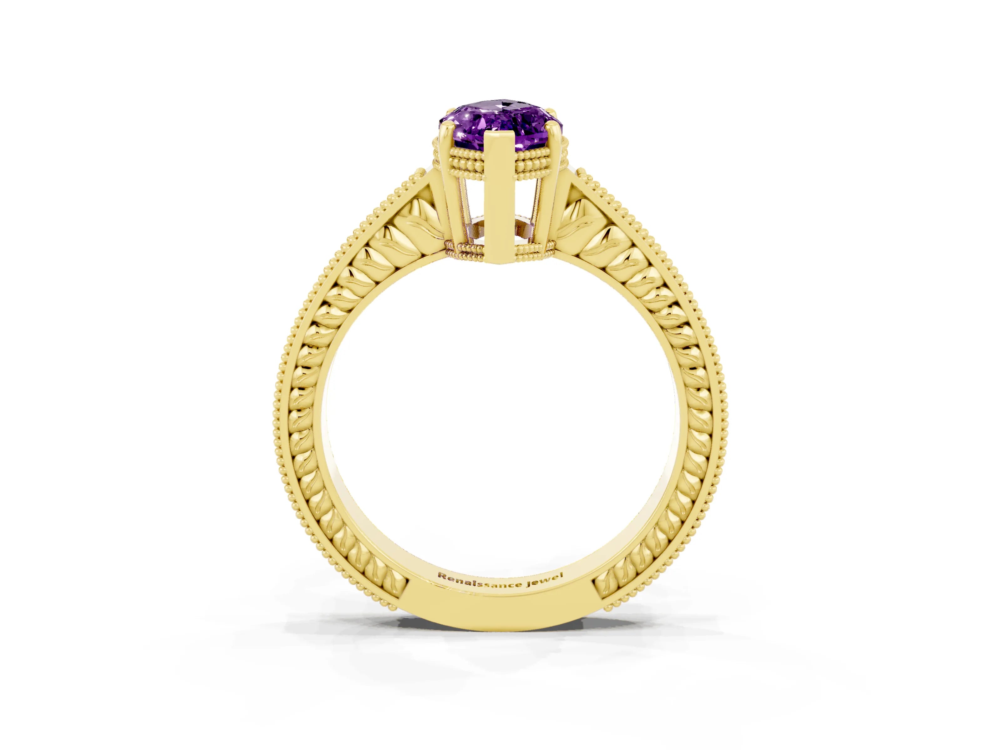Yellow gold Marquise Cut Amethyst Ring with Milgrain Pavé Band and Four-Prong Setting_15