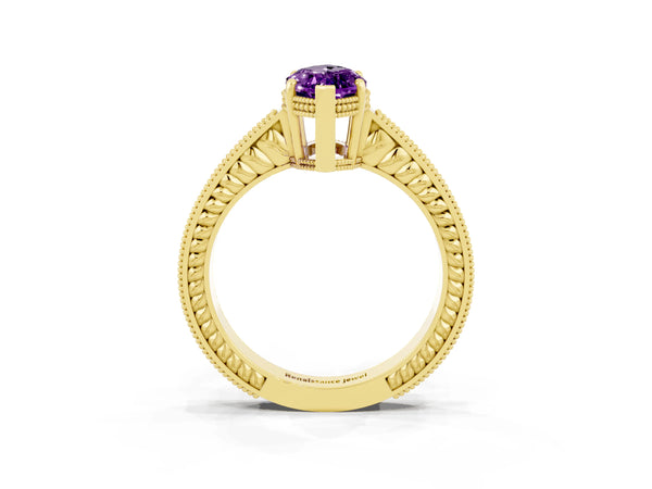 Yellow gold Marquise Cut Amethyst Ring with Milgrain Pavé Band and Four-Prong Setting