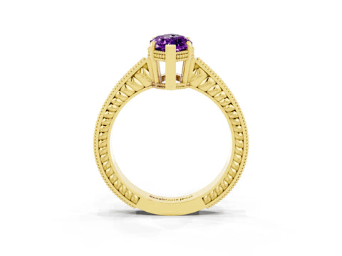 Yellow gold Marquise Cut Amethyst Ring with Milgrain Pavé Band and Four-Prong Setting_15