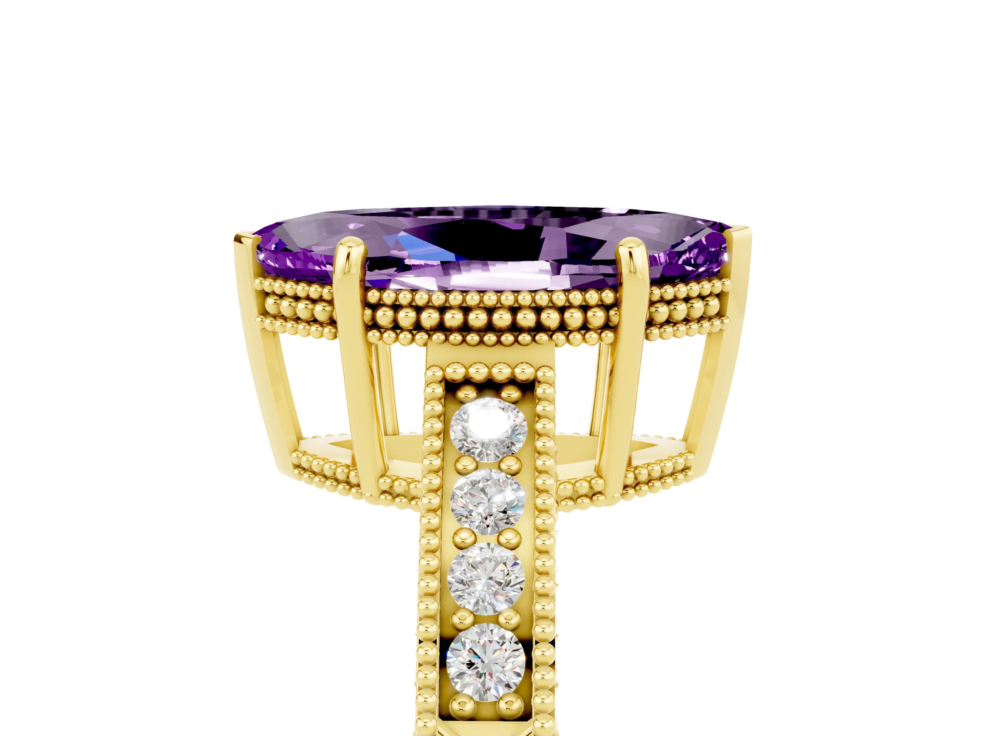 Yellow gold Marquise Cut Amethyst Ring with Milgrain Pavé Band and Four-Prong Setting_17