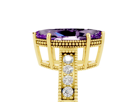 Yellow gold Marquise Cut Amethyst Ring with Milgrain Pavé Band and Four-Prong Setting_17