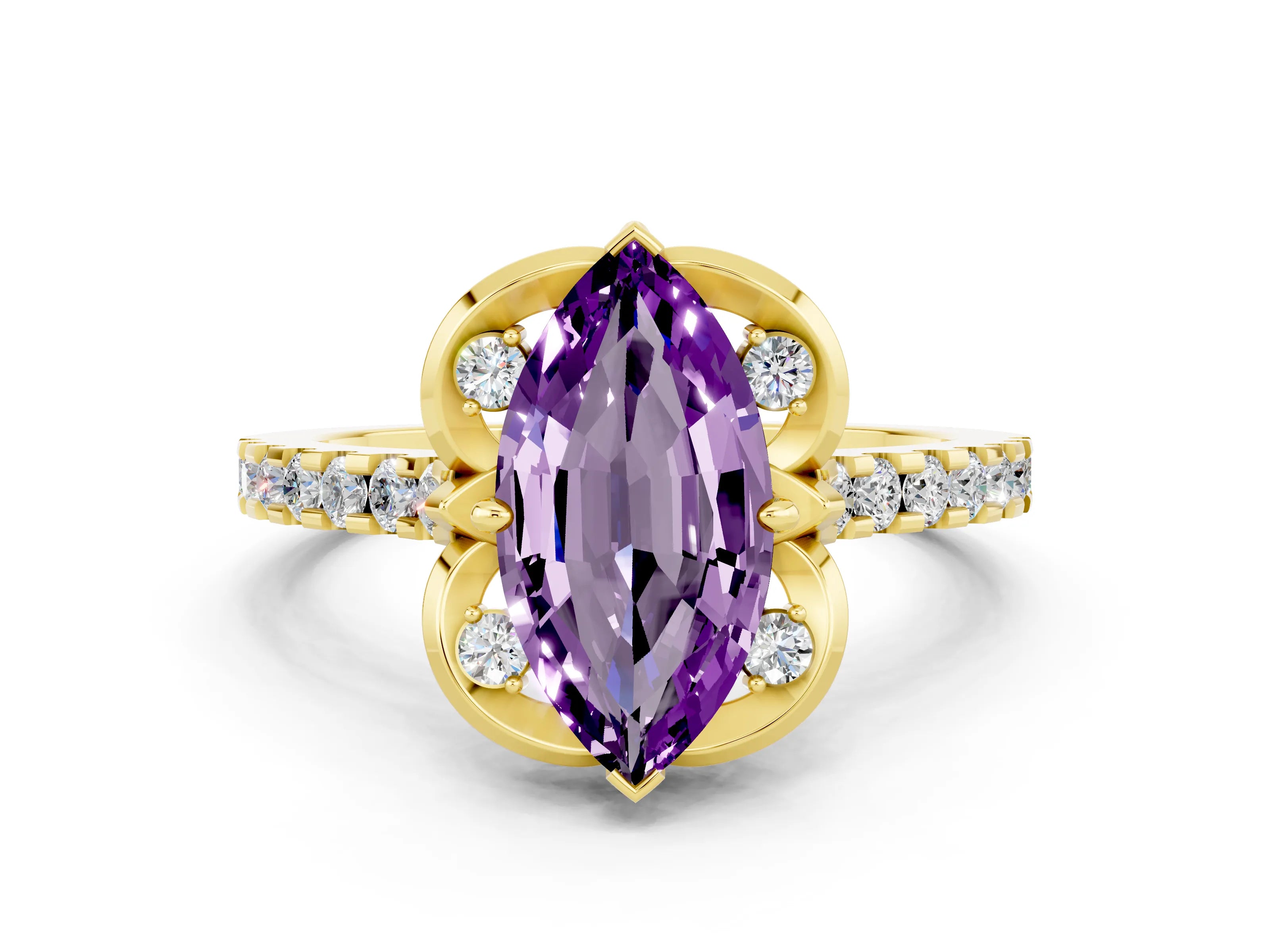 Yellow gold Marquise Cut Amethyst Ring with Pavé Band and Floral Prong Setting